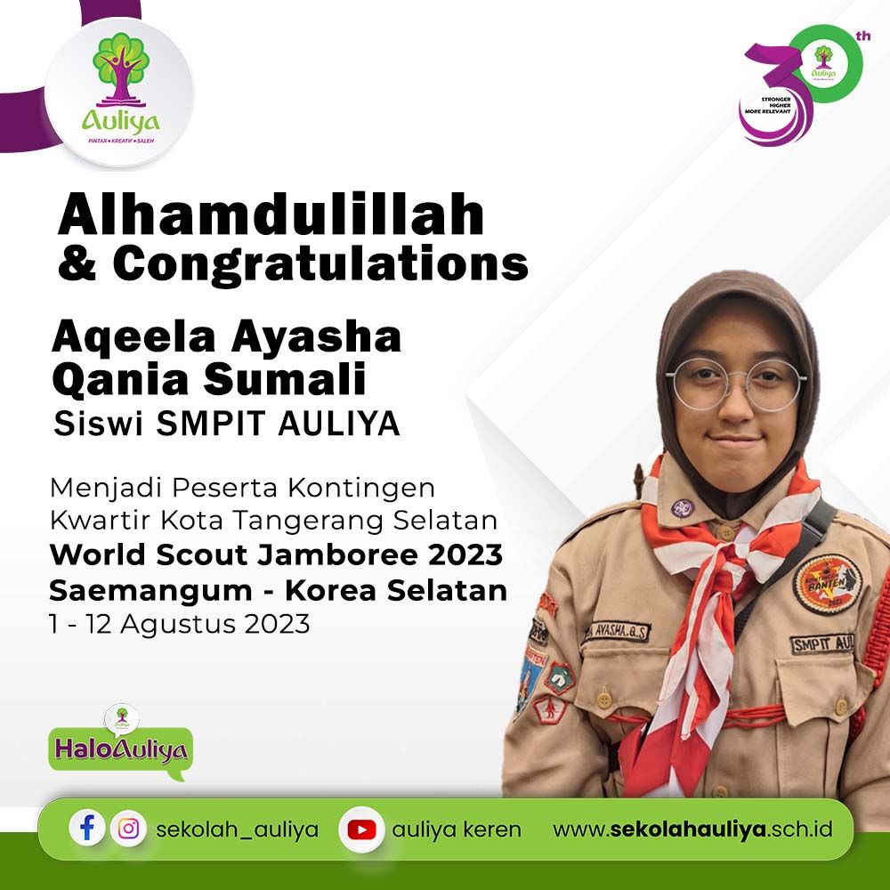  Sukses Mengharumkan Nama Indonesia! Aqeela Ayasha Qania Sumali dari SMPIT Auliya ikuti World Scout Jamboree 2023 di Korea Selatan”
